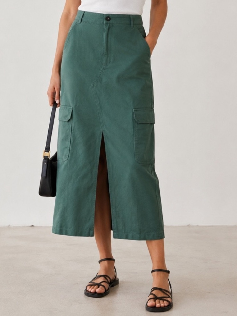 Zara Sage Green Cargo Midi Skirt Utility Front Slit Size Small NWT